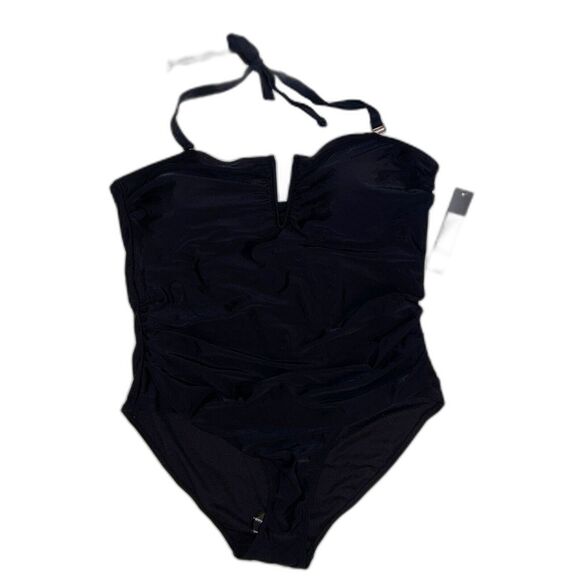 NWT Catherine Malandrino V Wire Shirred Black 1 Piece Bandeau Swimsuit Plus S 2X - Picture 3 of 14